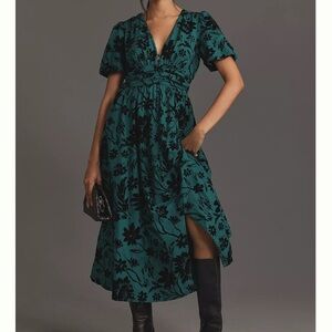 Anthropologie Katerina velvet Floral Green Dress